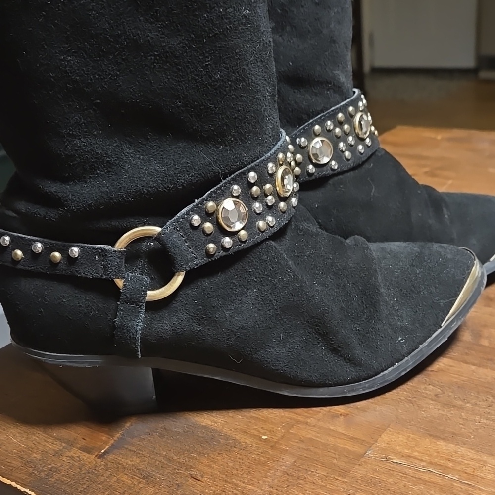 Diane Gilman Suede Embellished Harness Boots Suede Black Gold Tone Toe Cap Moto - Picture 2 of 9